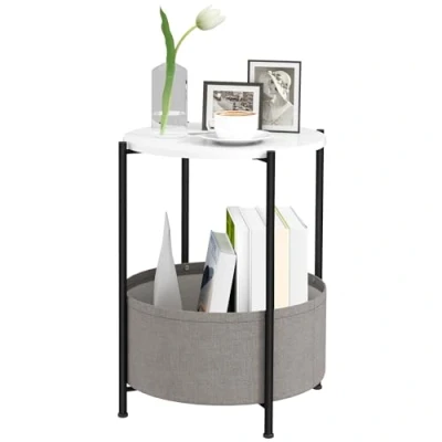 Abbildung von HOMCOM Beistelltisch, Couchtisch mit Korb aus Stoff, Runder Kaffeetisch Stauraum, für Wohnzimmer, Schlafzimmer, 44 x 56 cm, Stahl, Grau+Weiß