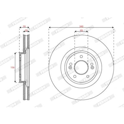 Abbildung von FERODO Bremsscheibe KIA: SORENTO 3, HYUNDAI: Santa Fé IV, IV Box Body / SUV 340mm 30mm 5 114,3mm Belüftet beschichtet DDF3074C 51712C5700