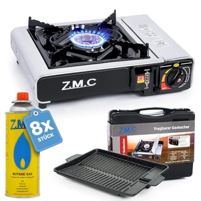 Abbildung von Z.M.C Gaskocher 1 flammig + Aufbewahrungskoffer Grillplatte 33x26x4 cm 8x Gaskartuschen 227g, Campingkocher für Outdoor und Innenraum, Campinggaskocher 2,2 kW mit Piezozündung