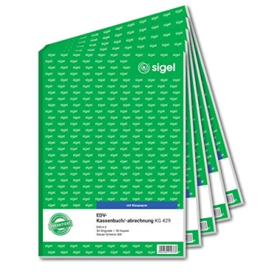 Abbildung von SIGEL KG429/5 Kassenbuch EDV, mit DATEV gerechtem Aufbau: Steuerschiene 300, A4, 2x50 Blatt, 5er Pack, Blaupapier, ultrafeiner Mikroperforation