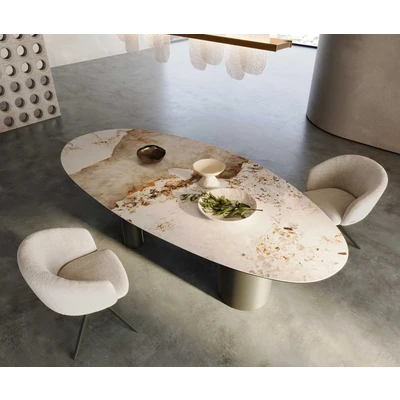 Abbildung von Esstisch Edge Oval 280x130 Keramik Minas Melange Weiß Beige Troa Metall Effektfinish Titan