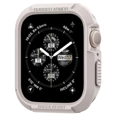 Abbildung von Spigen Rugged Armor Hülle Kompatibel mit Apple Watch Serie 9/8/7(45mm) 6/5/SE(44mm) Dünenbeige