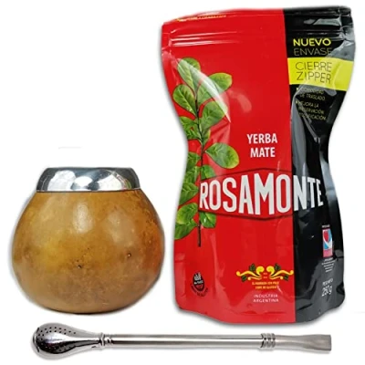 Abbildung von Rosamonte Yerba Mate Tee Set Tradicional Zip 250g 1x Becher Leopardenfarbe aus Kürbis (Kalebasse), Strohhalm Bombilla Detox und Energie Getränk