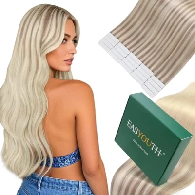 Abbildung von Easyouth Invisible Tape Extensions Echthaar Balayage Aschblond Mischen Sie Mittelblond und Platinblond in Haarverlangerung Remy 35 cm 40g 18/22/60