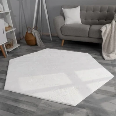 Abbildung von TT Home Wohnzimmer Teppich Hochflor Langflor Kunstfell Weich Modern Unifarben Flauschig, Farbe:Weiß, Größe:150x170 cm Sechseckig
