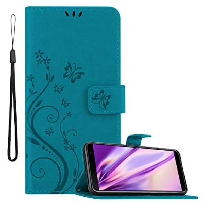 Abbildung von Cadorabo Hülle kompatibel mit Samsung Galaxy J4 Plus Blumen Design aus Kunst Leder Flip Klappbare Stoßfeste Magnetische [Standfunktion] [Kartenfächern] Cover für Tasche in Blau