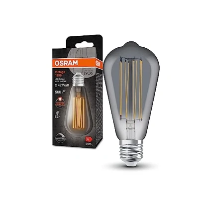 Abbildung von OSRAM Vintage 1906 LED Lampe mit Smoke Tönung, 11W, 500lm, Edison Form 64mm Durchmesser &amp; E27 Sockel, warmweiße Lichtfarbe, gerades Filament, dimmbar, bis zu 15.000 Stunden Lebensdauer