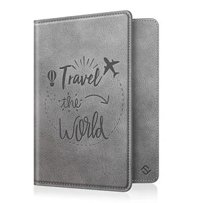 Abbildung von FINTIE Reisepass Impfpass Schutzhülle Premium Kunstleder Reisepasshülle Travel Organizer mit RFID Blockier für Kreditkarten, Ausweis, Reisedokumente Damen Herren, Vintage Grau