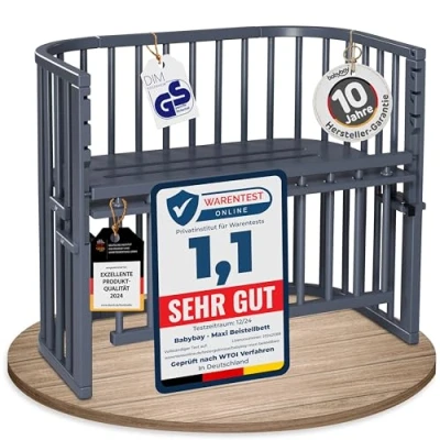 Abbildung von babybay Maxi Comfort Plus Beistellbett &amp; Stubenwagen aus massivem Buchenholz/Zustellbett mit Verschlussgitter/stufenlos verstellbar umweltfreundlich/mitwachsendes Babybett (schiefergrau lackiert)