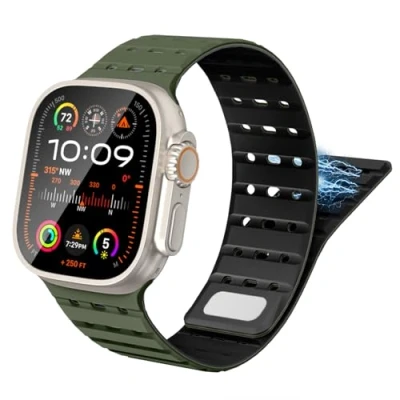Abbildung von TiMOVO Magnetarmband Kompatibel mit Apple Watch 49/45/46/44/42 mm Herren Damen, Sport Magnetisches Silikon Uhrenarmband für iWatch Ultra 2 SE Serie 10 9 8 7 6 5 4 3 1, Armeegrün/Schwarz