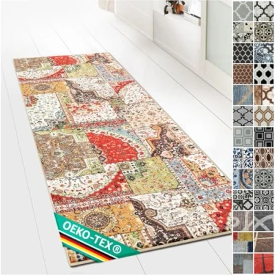 Abbildung von Floordirekt Teppichläufer mit Muster maßgefertigter Feinschlingen Teppich Läufer für Küche, Flur &amp; Wohnraum Ornament Vintage Orient Gitter (80 x 400 cm, Tesoro)