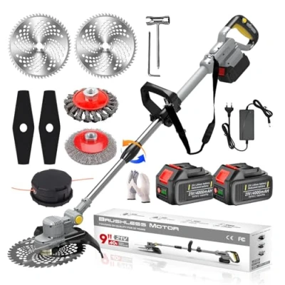 Abbildung von Akku Rasentrimmer mit und Unkrautbürste 21V Freischneider Elektro Motorsense 2X 4.0Ah Ladegerät Bürstenloser Fadenspule für Garden Trimmen,Grey,b