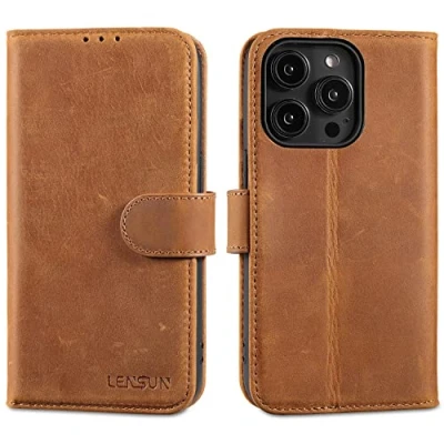 Abbildung von LENSUN Echtleder Hülle für iPhone 14 Pro, Handyhülle [Echtes Leder][Magnetverschluss][RFID Schutz] Handytasche Lederhülle Pro 5G(6,1&quot;) Vintage Braun