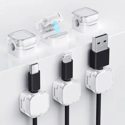 Abbildung von TiMOVO Magnetische Kabelclips, 6 Pack Selbstklebende Kabelorganisator für Schreibtisch Kabelmanagement, Multi Color Kabelhalter, Ladegerät Kabelhalter Haus Büro Schreibtisch, Weiß