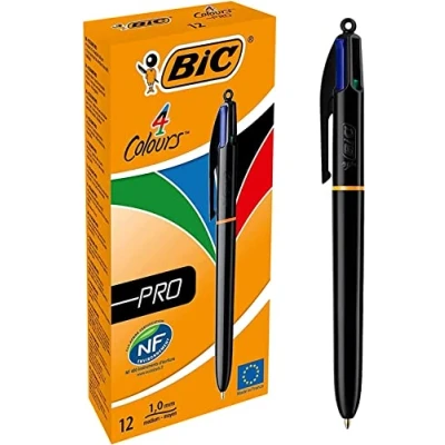Abbildung von BIC 4 Farben Kugelschreiber Set Colours Pro, mit schwarzem Schaft, 12er Pack, nachfüllbar, Ideal für das Büro, Home Office oder die Schule