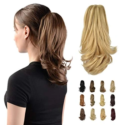 Abbildung von Sofeiyan 33cm Pferdeschwanzverlängerung Langer Lockiger Pferdeschwanz Clip in Klaue Haarverlängerung Natürlich Aussehendes Synthetisches Haarteil für Frauen, Erdbeerblond &amp; Bleichblond
