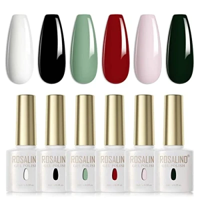 Abbildung von ROSALIND UV Nagellack 6 Farben Weiß Schwarz Hellgrün Rot Rosa Dunkelgrün Gel Set Farbgel Für Gelnägel Soak Off LED Nail Polish Lampe