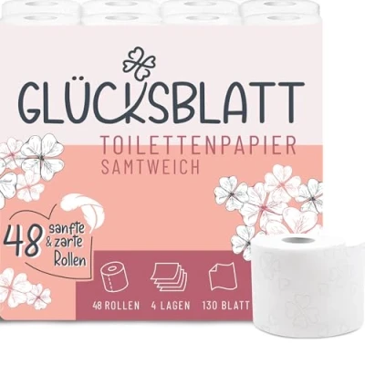 Abbildung von Glücksblatt Toilettenpapier SAMTWEICH, 4 lagig, 48 Rollen x 130 Blatt, 100% Zellstoff, superweiches Klopapier mit Glücks Prägung, WC Papier, ideal für Camping, Verpackung aus mindestens 30% PCR Anteil