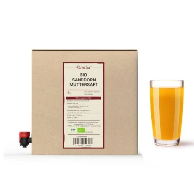 Abbildung von Kamelur 3 Liter BIO Sanddornsaft naturtrüb 100% Direktsaft aus Sanddornbeeren, Sanddorn Muttersaft ohne Zusätze Saft in praktischer Saftbox