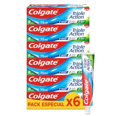 Abbildung von Colgate Dreifach wirkende Zahnpasta, Packung mit 6 Stück x 75 ml, fluorierte Zahnpasta gegen Zahnverfall, hilft die Zähne weiß zu halten, erfrischt den Atem, für ganze Familie
