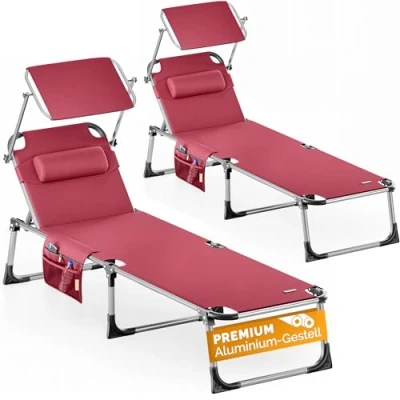 Abbildung von Casaria® 2er Set Sonnenliege Klappbar Wetterfest Gartenliege Mit Dach Seitentasche 180kg Belastbar Alu Liegestuhl Leicht Relaxliege Strand Pool Rot