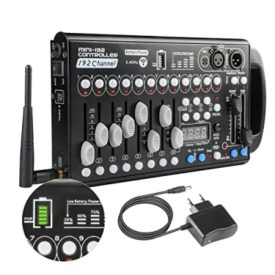 Abbildung von Drahtloser Dmx Controll Lichtmischpult Controller Eingebaute Batterie 192 Kanäle Konsole, Wireless Lichtmixer Dmx512 Musikgesteuert Akku Lichtpult Pult Partylicht Controler