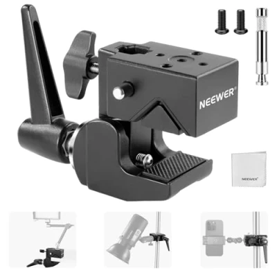 Abbildung von NEEWER Heavy Duty Super Clamp Max Last 33lb/15kg, 2,4&quot; Jaw Grip Crab Mount für runde Stange Flache Oberfläche mit 5/8&quot; Stud/Spring Lock/Reinigungstuch Studiofotografie Kameralicht, UA017