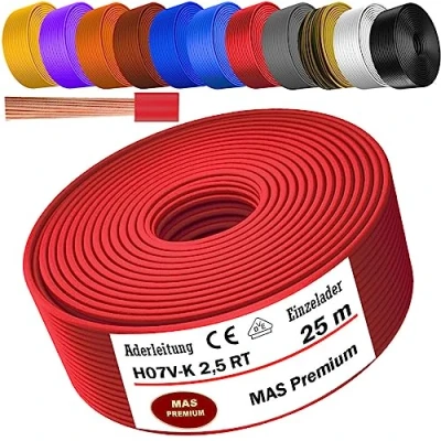 Abbildung von MAS Premium Aderleitung H07 V K 1x2,5 mm² HBL GRGE RT DBL BR OR GR WS VIO oder GE Einzelader flexibel Von 5 bis 100m (Rot, 25m)