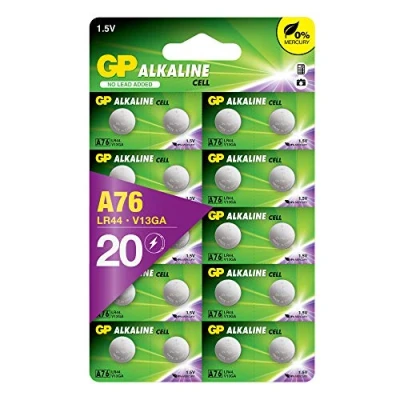 Abbildung von GP Extra LR44 Knopfzelle Alkaline, 20 Stück Batterien (AG13 / A76 L1154f), 1,5V (Spannung 1,5 Volt) quecksilberfrei (einzeln entnehmbar)