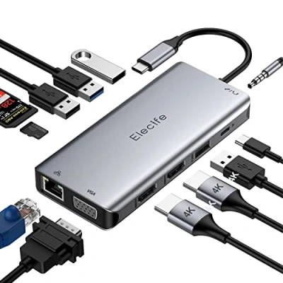 Abbildung von USB C Docking Station Triple Display Hub mit Dual 4K HDMI, VGA, Ethernet RJ45, 4 Ports, 100 W PD und SD /TF Kartenleser, 3,5 mm AUX für Dell XPS , Lenovo Yoga, Huawei Surface MacBook