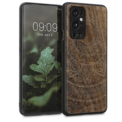 Abbildung von kwmobile Hülle kompatibel mit OnePlus 9 Pro Holz Case Handy Cover TPU Handyhülle in Dunkelbraun Indische Sonne