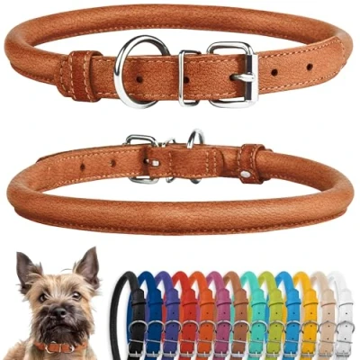 Abbildung von CollarDirect Rundes Leder Hundehalsband, weich gepolstert gerollt, handgefertigtes Echtleder Halsband für Hund Welpe Katze Klein Groß Schwarz Rosa Rot Lila Blau