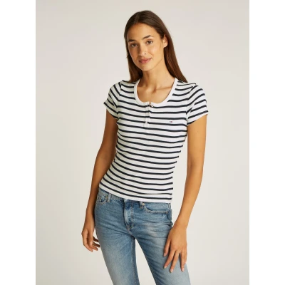 Abbildung von Tommy Jeans SLIM Button C NECK Tshirt basic, Damen, Größe: 40, White/navy