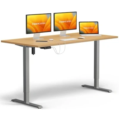 Abbildung von KRIEG HighDesk SMART Höhenverstellbarer Schreibtisch (Silber + Buche I 120 x 80 cm) Elektrischer Sitz &amp; Stehtisch mit Tischplatte Stehschreibtisch Elektrisch Höhenverstellbar