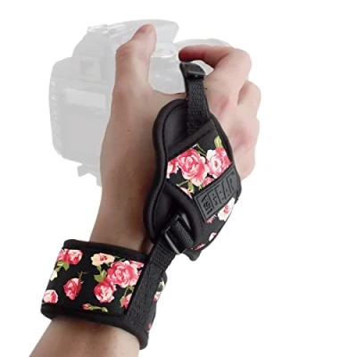 Abbildung von USA GEAR Kamera Handschlaufe mit gepolstertem Neopren und Metallplatte Kompatibel Canon, Fujifilm, Nikon, Sony mehr DSLR Kameras, Instant Kameras ohne Spiegel Blumen