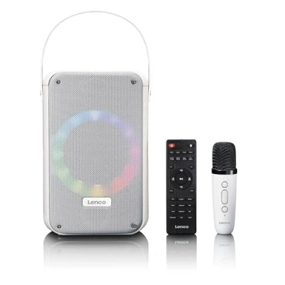 Abbildung von Lenco BTC 060 tragbare Karaoke Maschine Bluetooth 5.2 20 Watt RMS 2 Lautsprecher Mikrofon Fernbedienung integrierter Akku Lichteffekte weiß