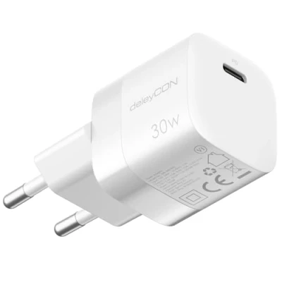 Abbildung von deleyCON USB C Ladegerät (Kompaktes 30W Schnellladegerät) Netzteil für Apple iPhone 16, 15, Pro, Pro Max, iPad, Airpods 4, Watch, Samsung Galaxy S24/S23, Handy, Charger Weiß