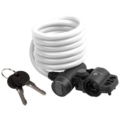 Abbildung von M Wave Autom. Spiralkabelschloß 1800 x 10 mm weiß mit Clip on Halter für Sattelstütze Staubschutzkappe auf Karte