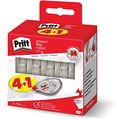 Abbildung von Pritt Korrekturroller Compact Flex, sofort überschreibbar, einfache Anwendung durch flexible Spitze, Bandlänge 10 m, Bandbreite 4,2 mm, 5 er Pack Spar Set, 2382016, Weiß