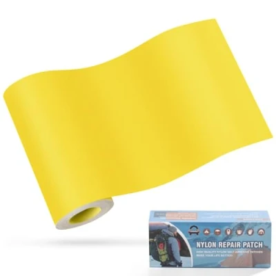 Abbildung von Nylon Selbstklebende Patches, OAZ 1 Rolle 10x160cm Selbstklebender Wasserdichte Reparatur Patch, Flicken Selbstklebend Gelb, für Zelte, Daunenjacke, Schlafsack, Tasche