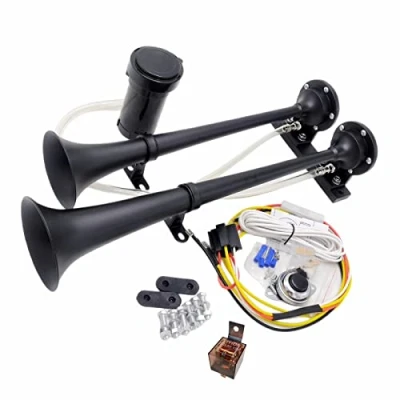 Abbildung von YIYIDA LKW Horn Lufthorn Car 24V Autohupe Doppelrohr Zink Chrom Elektrisches schwarz 170db Wasserdicht Lautsprecher High und Low Tone Air mit Luftpumpe für Schiff Moto etc