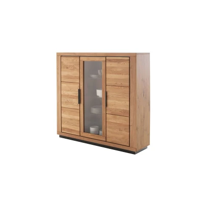 Abbildung von Massivart® Highboard GRENO 153 cm / Massivholz Wildeiche geölt Metallgriffe, 1 Glastür 2 Türen 3 Glas und 6 Einlegeböden