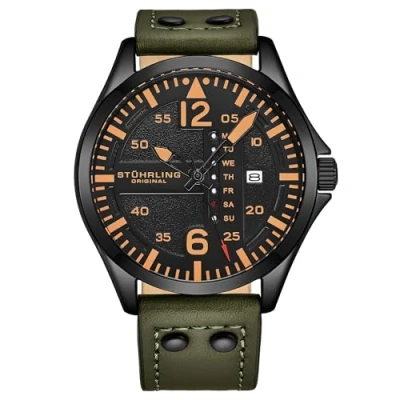 Abbildung von Stuhrling Original Herren Lederuhr Fliegeruhr Schnellschaltung Tag/Datum Lederarmband mit Stahlnieten in Grün