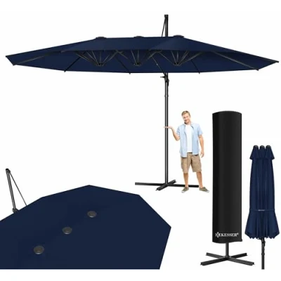 Abbildung von KESSER® Sonnenschirm Doppelsonnenschirm 4,6m x 2,7m Ampelschirm Abdeckung &amp; Windsicherung mit Kurbel Ständer Kurbelschirm Aluminium wasserabweisend Neigbar Kippbar 360 Drehbar Navyblau