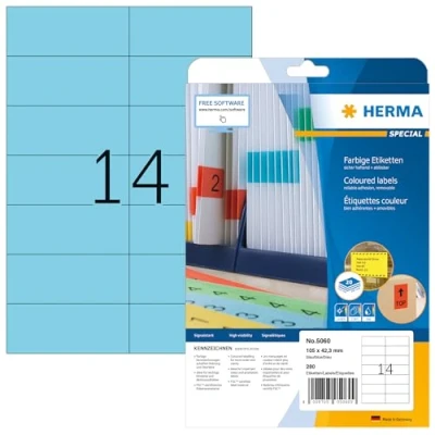 Abbildung von HERMA 5060 Farbige Etiketten blau ablösbar, 20 Blatt, 105 x 42,3 mm, 14 pro A4 Bogen, 280 Stück, selbstklebend, bedruckbar, matt, blanko Papier Farbetiketten Aufkleber