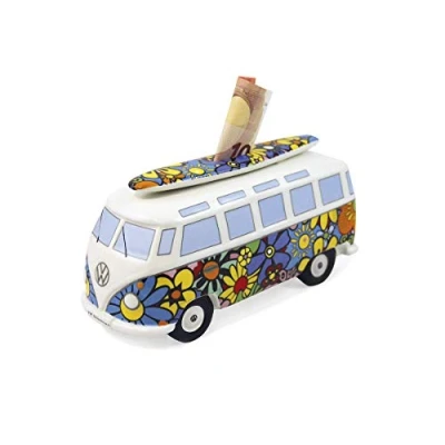 Abbildung von VW Collection by BRISA Spardose Volkswagen Sparschwein im T1 Bulli Bus Design mit Surfbrett, Geldbüchse aus hochwertiger Keramik