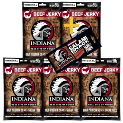 Abbildung von Indiana Beef Jerky Original, Geschenkbox High Protein Trockenfleisch, ohne Zuckerzusatz, Gluten frei (5 x 90g) + Salami Snack 18g