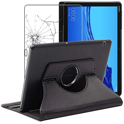 Abbildung von ebestStar Hülle für Huawei MediaPad T5 10 Tablet 10.1, Drehbar Schutzhülle, PU Lederhülle, Rotierende Ständer Etui, Rotating Case Cover, Schwarz + Panzer Schutz Glas