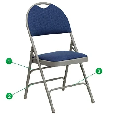 Abbildung von Flash Furniture Hercules XL Klappstühle aus Metall, dreifach verstrebt, einfacher Tragegriff, marineblauer Stoff, graues Gestell, 4 Stück