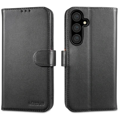 Abbildung von LENSUN Echtleder Hülle für Samsung Galaxy S24 FE, Handyhülle [Echtes Leder] [Brieftasche] [RFID Schutz] Lederhülle Flip Handytasche FE 5G Schwarz